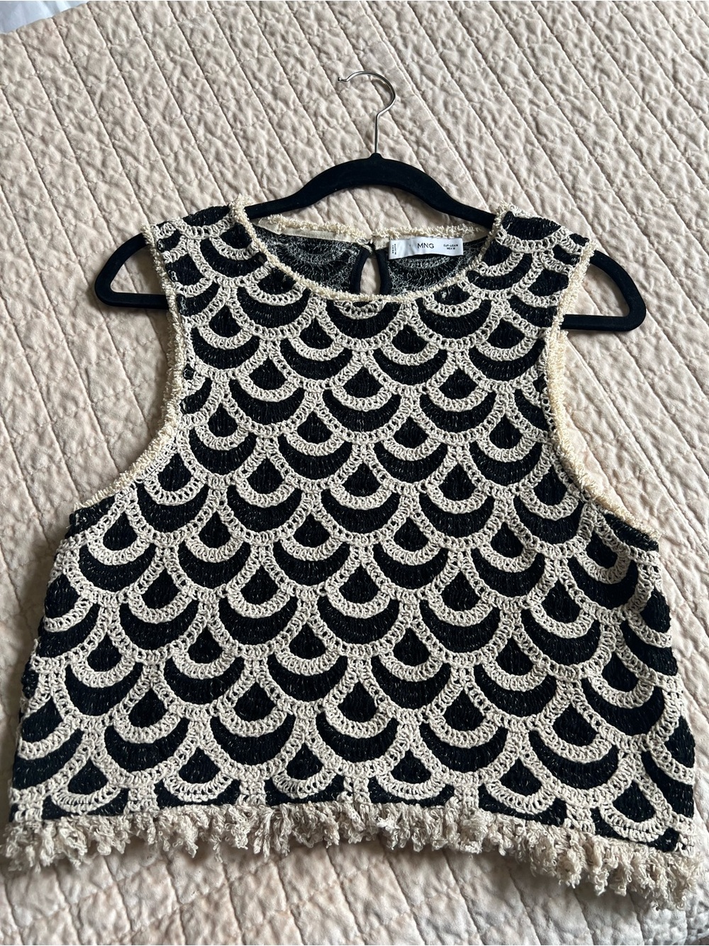 Mango Black and Cream Crochet Fringe Crop Top - Picture 2 of 5